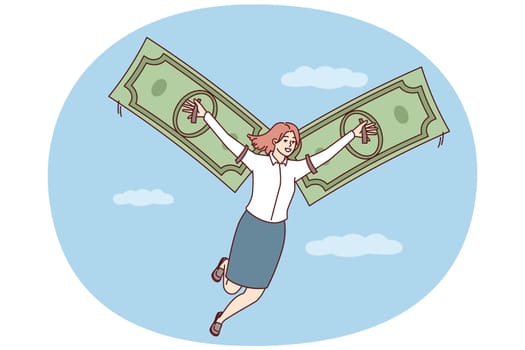 Happy woman flies in sky among clouds using banknotes instead of wings. Concept of financial freedom and independence obtained through receipt of their own income