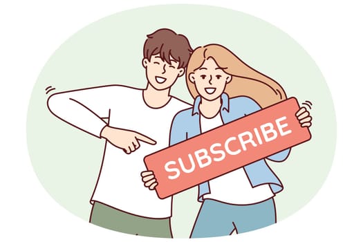 Beautiful couple of man and woman smile show subscribe