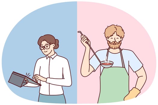 Brutal man preparing food for family while woman doing business or working in office. Girl secretary with tablet computer and bearded guy in apron with ladle of soup in hand