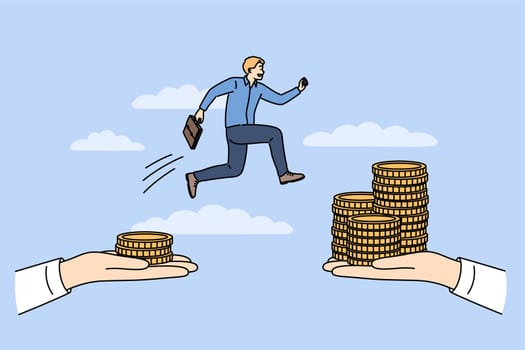Business challenge for man who wants to earn more and jumps between hands with money. Challenge for office employee motivated by financial income received for taking risks in work process