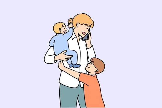 Mother makes business call and babysits children at same time, needing to hire nanny. Multitasking freelance mother is stressed by having to make calls after hours and needs to balance work and family