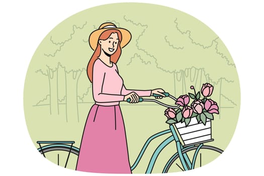 Smiling woman riding bike with flower basket in summer park. Happy girl with bicycle enjoy walk in forest in summertime. Vector illustration.
