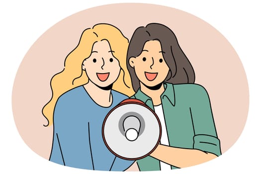 Smiling women with megaphone in hands announce good deal or offer. Happy girls scream in loudspeaker tell about sale or promotion. Vector illustration.