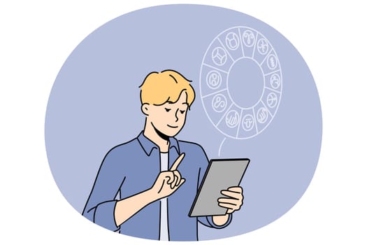 Man with tablet reading horoscope. Guy look at pad screen engaged in astrology reading. Zodiac sign. Vector illustration.