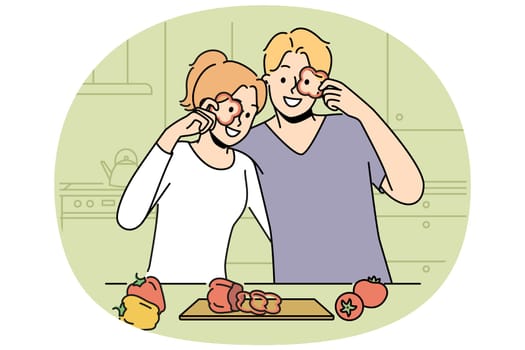 Smiling couple cutting vegetables at home kitchen preparing food together. Happy man and woman cooking on weekend. Cuisine and meal preparation. Vector illustration.