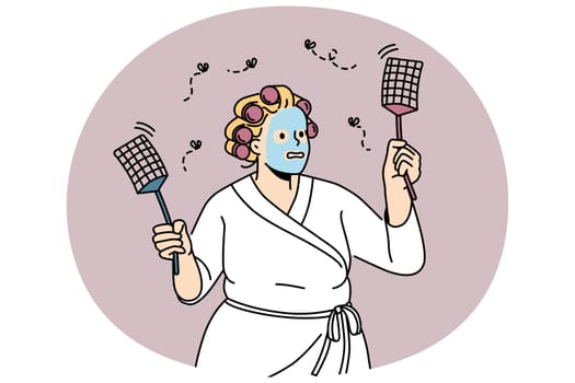 Funny overweight woman in bathrobe and mask on face beat insects with fly swatters. Anxious female chasing flies with special tool. Vector illustration.