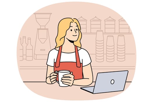Smiling waitress in apron drink coffee at break in cafe. Happy women coffee shop owner enjoy drink in own coffeehouse. Vector illustration.