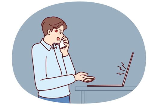 Dissatisfied manager makes phone call standing near laptop and quarreling with employees due to errors in financial report. Crazy boss angry after computer crash quarreling with support staff