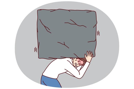 Suffering man carries heavy stone on back, symbolizing heavy tax burden and overly ambitious task. Concept of solving business problems and complexity of working as manager in large corporation