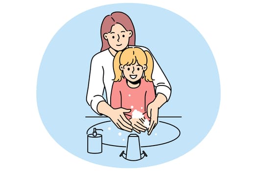 Caring mother and little daughter washing hands together in bathroom sink. Smiling mom help small child clean hands in bath. Vector illustration.