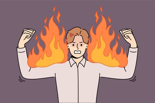 Angry business man experiencing anger and rage, showing burning biceps symbolizing strength and power. Corporate manager demonstrates anger after learning about mistakes made by subordinates