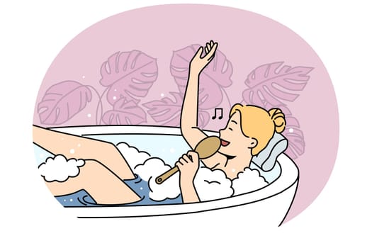 Happy woman lying in bathtub relaxing singing with brush. Smiling girl rest in bath with bubbles enjoy spa day at home. Hygiene and wellness. Vector illustration.