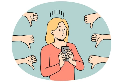 Distressed woman with cellphone displeased with negative feedbacks. Unhappy female influencer unhappy with bad comments on posts on social media. Vector illustration.