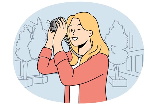 Smiling woman make pictures with professional camera. Happy girl photograph with analogue device. Photography and hobby. Vector illustration.