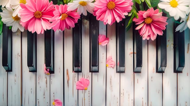 Gerbera flowers on the piano keyboard. Vintage wooden piano decorated with flowers. AI generated