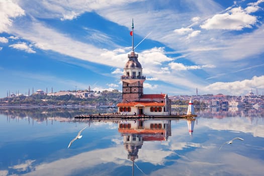 The Maiden's Tower and its reflection in the Bosphorus, Istanbul, Turkey.