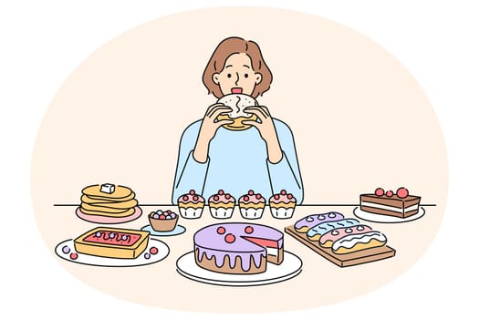 Woman sitting at desk eating many desserts and cakes. Unhappy girl overeating sweet cupcakes and sugar food. Gluttony and overeating. Vector illustration.