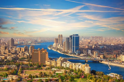 Beautiful view of Cairo downtown and the Nile from above, Egypt.