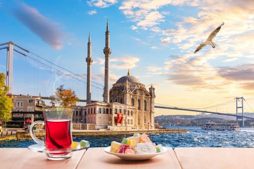 The Bosphorus bridge, Ortakoy Mosque and turkish tea, Istanbul.