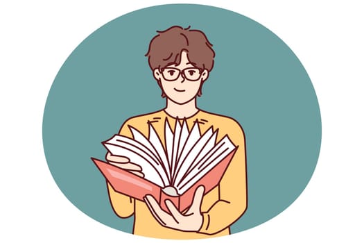 Guy student leafing through book in search information for preparation of essay given by university teacher. Man with book reads for self-education and gaining new knowledge from classical literature