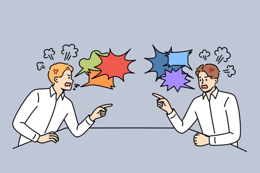 Quarrel two business men sitting at table and uttering accusations and insults against competitor. Quarrel between office employees is caused by lack of clear remuneration system in corporation