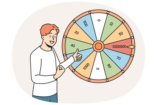 Overjoyed man near fortune wheel win money in lottery. Smiling guy excited with victory in game. Gambling and jackpot. Vector illustration.