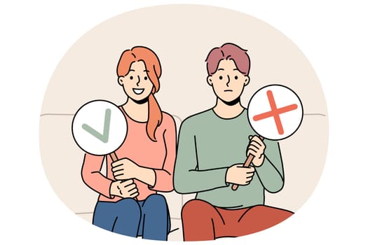 Couple sitting on couch showing yes and no signs. Man and woman feeling different emotions demonstrate various signs in hands. Vector illustration.