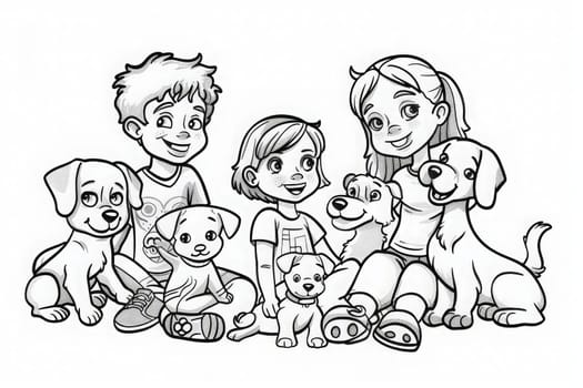 Coloring Page A loving family of four sitting together, surrounded by their cute dogs, enjoying a peaceful moment in each others company.