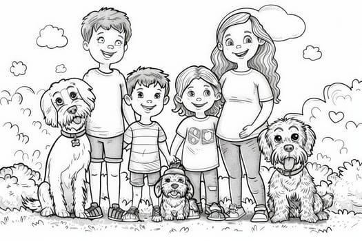 Coloring Page A happy family of four, including two young children and two dogs, enjoying a day out together in nature.