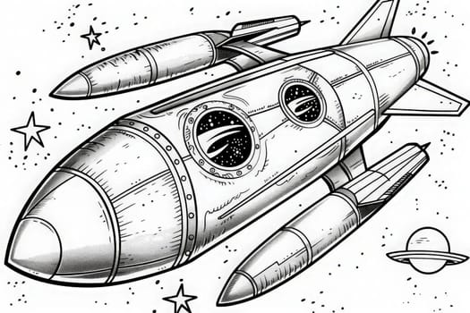 Coloring Page A vibrant black and white drawing of a sleek rocket ship soaring through the cosmos on a mission to explore the unknown.