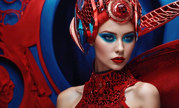 Futuristic woman with red hair in futuristic costume. ai generative.