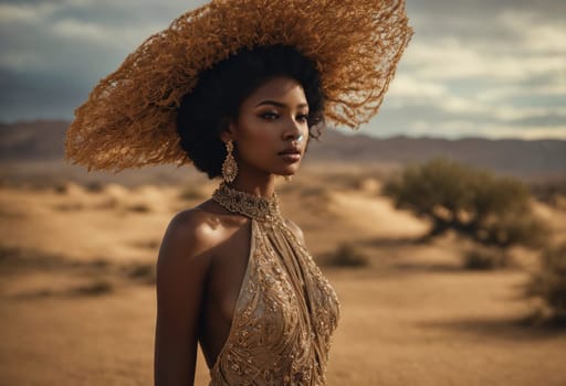 fashion photo of beautiful woman in a long luxurious dress posing. ai generative.