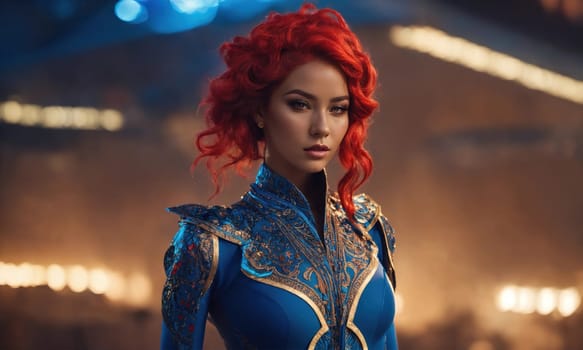 Futuristic woman with red hair in futuristic costume. ai generative.