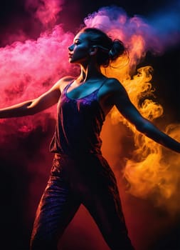 Beautiful young woman with colorfull hair in colorful smoke. ai generative.