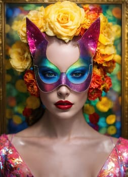 Portrait of a beautiful young woman with bright make up and Venetian mask. ai generative.