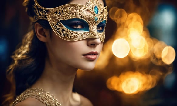 Beautiful young woman in a Venetian mask at the masquerade. ai generative.