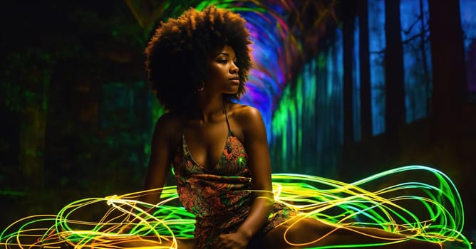 Beautiful african american woman with afro hairstyle and outlined in light. ai generative.