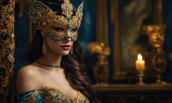 Beautiful young woman in a Venetian mask at the masquerade. ai generative.