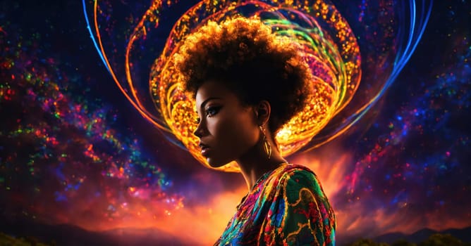 Beautiful african american woman with afro hairstyle and outlined in light. ai generative.