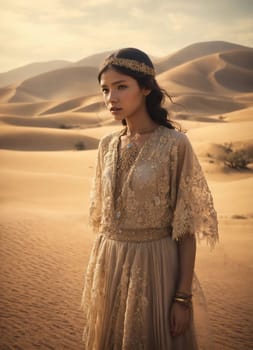 Portrait of a beautiful woman in the desert at sunset, wearing a long white dress. ai generative.