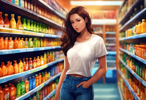 The beautiful woman is looking at the shelves to buy something from the supermarket. ai generative.
