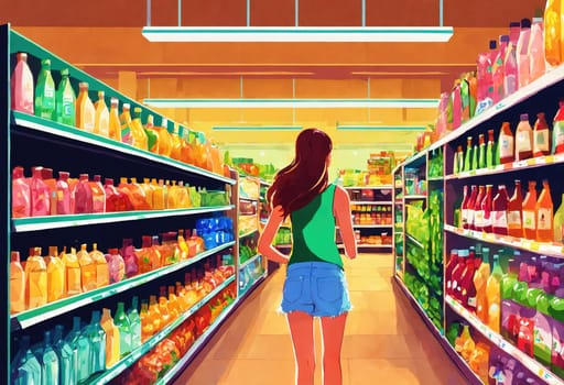 The beautiful woman is looking at the shelves to buy something from the supermarket. ai generative.