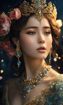 Portrait of beautiful young woman in crown. Luxury makeup and hairstyle. ai generative.