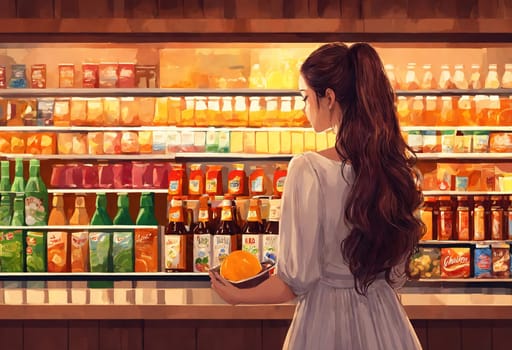 The beautiful woman is looking at the shelves to buy something from the supermarket. ai generative.