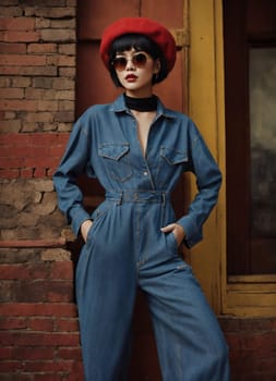 Fashion portrait of young beautiful asian woman with short hairstyle and sunglasses in a stylish dress. ai generative.