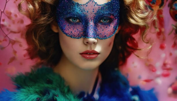 Portrait of a beautiful young woman with bright make up and Venetian mask. ai generative.