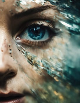 Close up shot of a beautiful woman's eye through broken glass. ai generative.