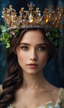 Portrait of beautiful young woman in crown. Luxury makeup and hairstyle. ai generative.