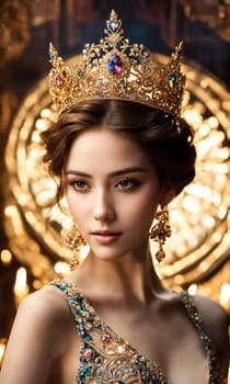 Portrait of beautiful young woman in crown. Luxury makeup and hairstyle. ai generative.