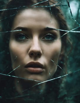 Close up shot of a beautiful woman's eye through broken glass. ai generative.